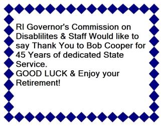 A Sign that reads RI Governor's Commission & Staff would like to say Thank you to Bob Cooper for 45 years of dedicated State service.